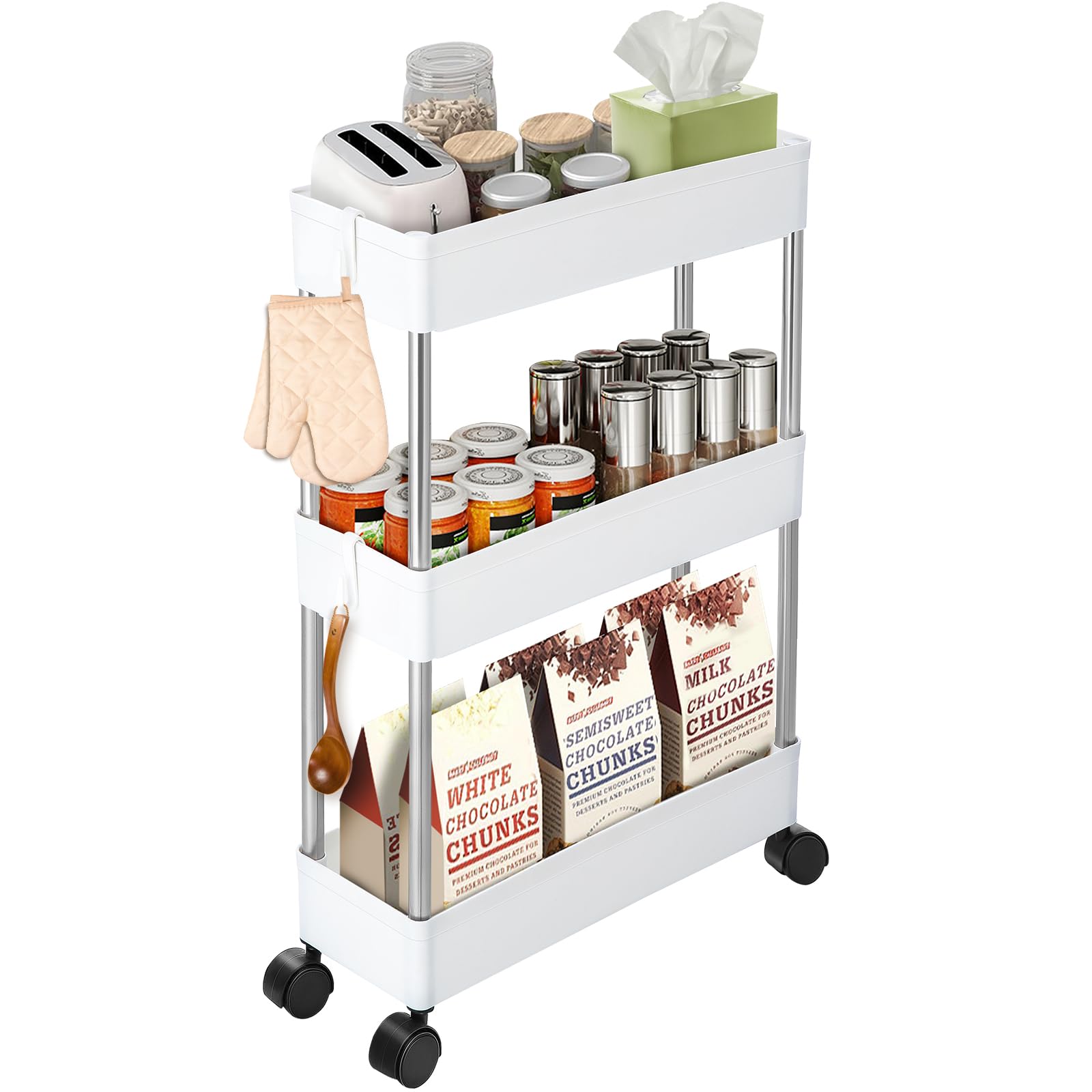 YORKING3-Tier Storage Trolley on Wheels, Narrow Storage Unit for Space-Saving Organization, Slim Storage Trolley for Kitchen Bathroom Laundry Room, 39×12×71cm, White