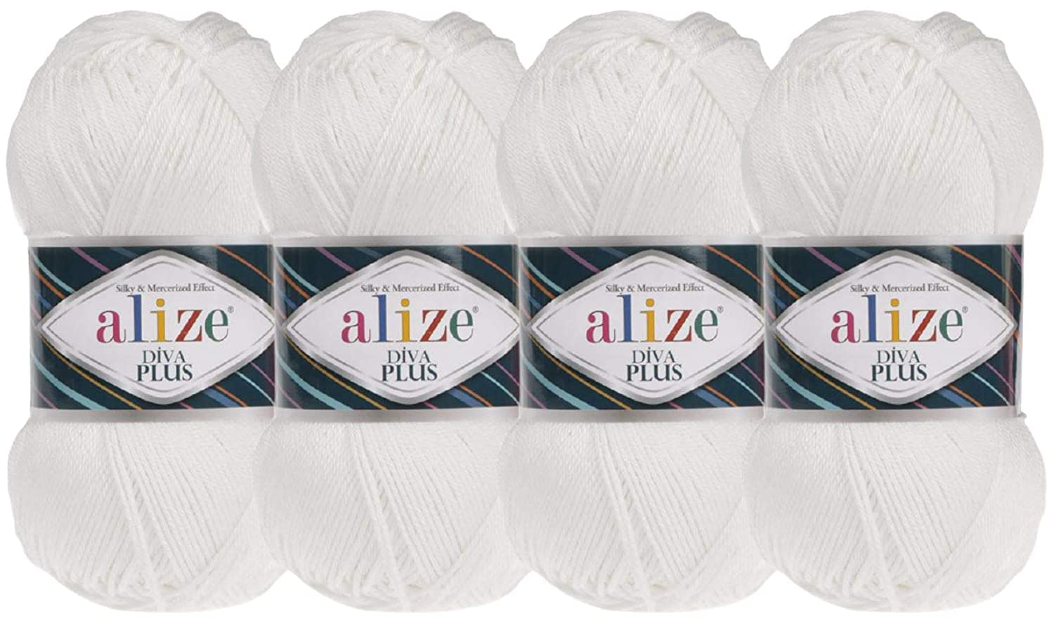 Alize 100% Microfiber Acrylic Diva Plus Silk and Mercerized Effect Knitting 3 DK & Light Worsted Crochet Yarn Lot of 4 Ball skeins 400gr 962 yds Color (1055 - White)