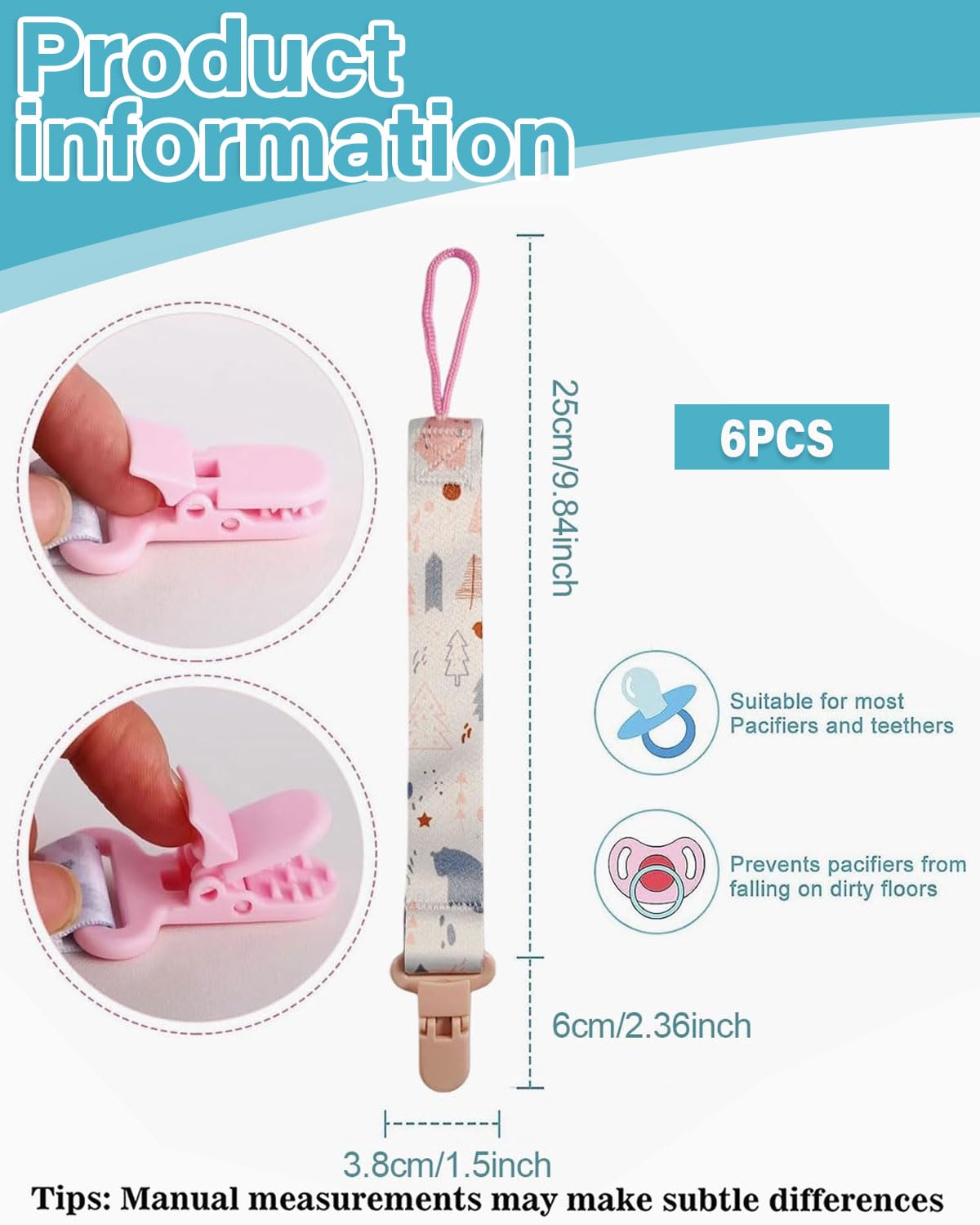 6 Pezzi Ciuccio Catena per Bambini, Catenella Porta succhietto Ciuccio Clip Adattatore per Neonato per Nascita Battesimo Baby Compleanno Natale Regalo
