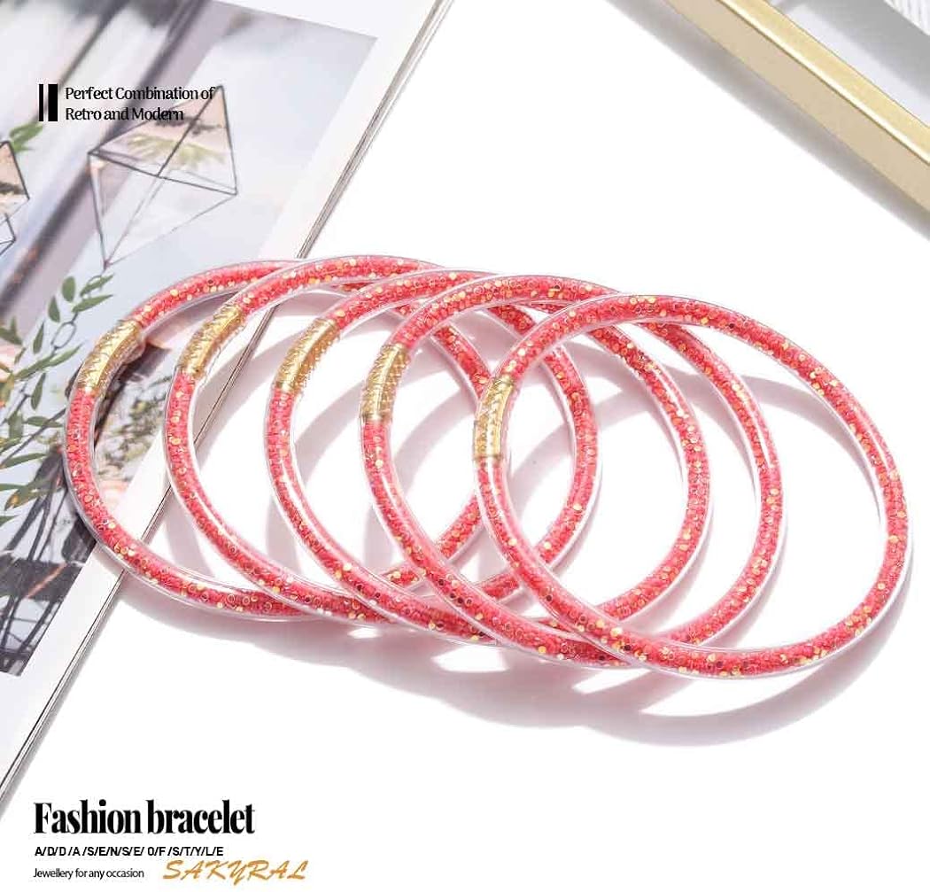 Miniatura 5 de Sakytal Pulsera de gelatina con purpurina y lazo, juego de pulseras de silicona apilables, con relleno de gelatina brillante para mujeres y niñas