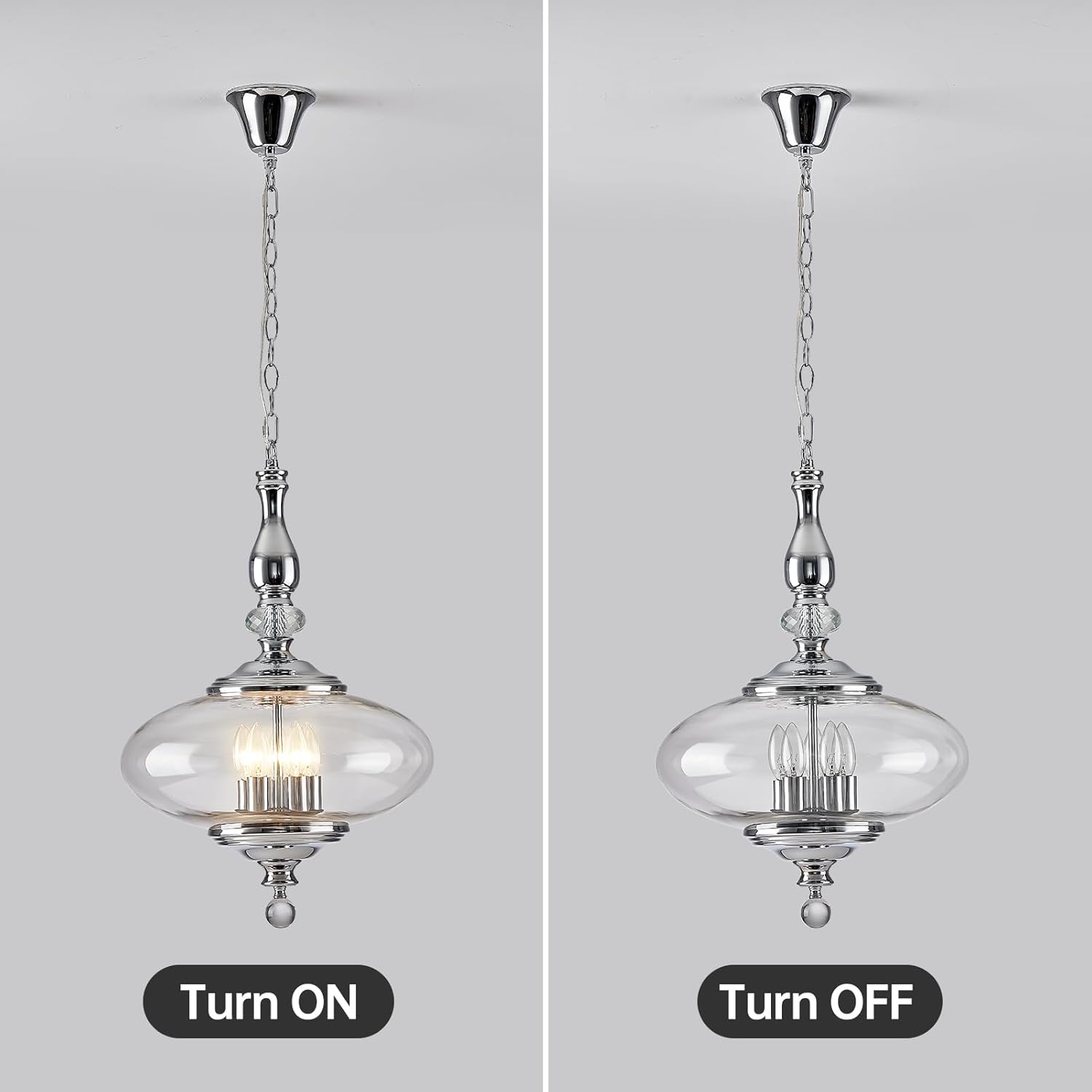 5 Light Chrome Chandelier Modern Glass Large Pendant Light H 27.5" x W 15.7" for Kitchen Island, Dining Room.E12 Bulb