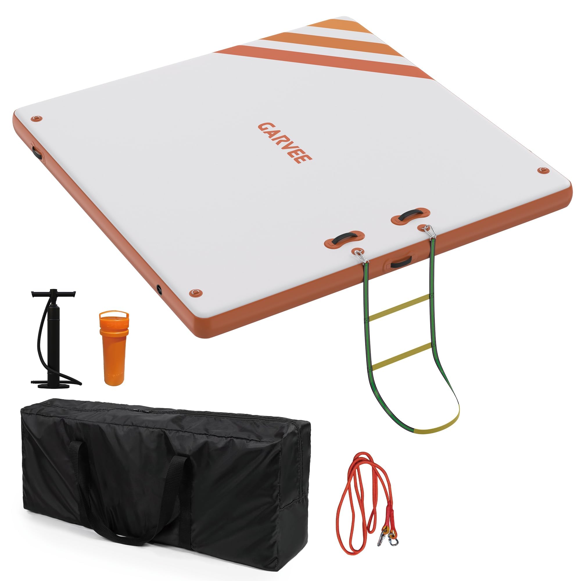 GarveeLife Inflatable Floating Dock for Lakes – 2.4x1.8m Multi-Person Air Dock & Floating Raft, Non-Slip Swim Water Mat with Pump & Ladder, Portable Pool Inflatables for Adults – Orange