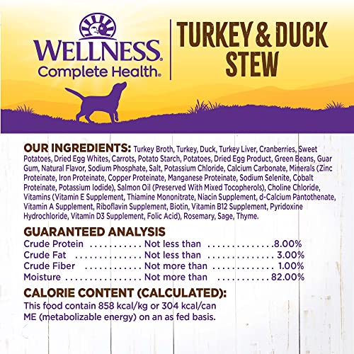 Image of Wellness Complete Health Stew Adult Canned Wet Dog Food, Grain Free, Natural, Turkey and Duck Recipe, 12.5 oz, Pack of 12 Cans