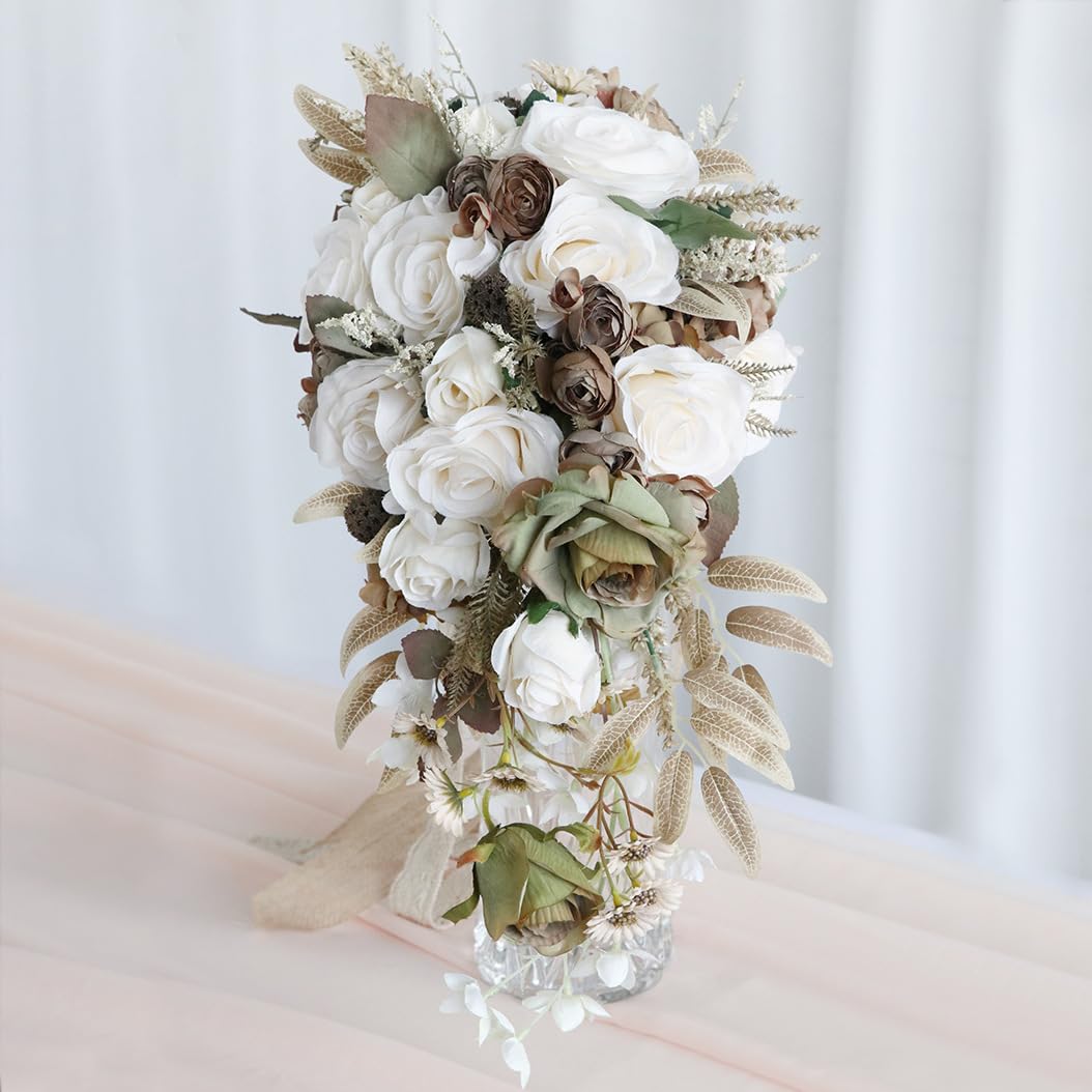 Hochzeit Wasser Tropfen Bouquet für Braut, Braut Wasserfall künstliche Sträuße für Zeremonie Jahrestag Partei Braut Dusche Hochzeit Blumen (Cremeweiß Khaki)