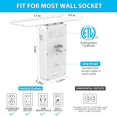 Miniatura 3 de Paquete de 2 VINTAR Protector de sobretensiones con estante de salida, extensor de múltiples salidas con sensor de atardecer a amanecer, 6 salidas y