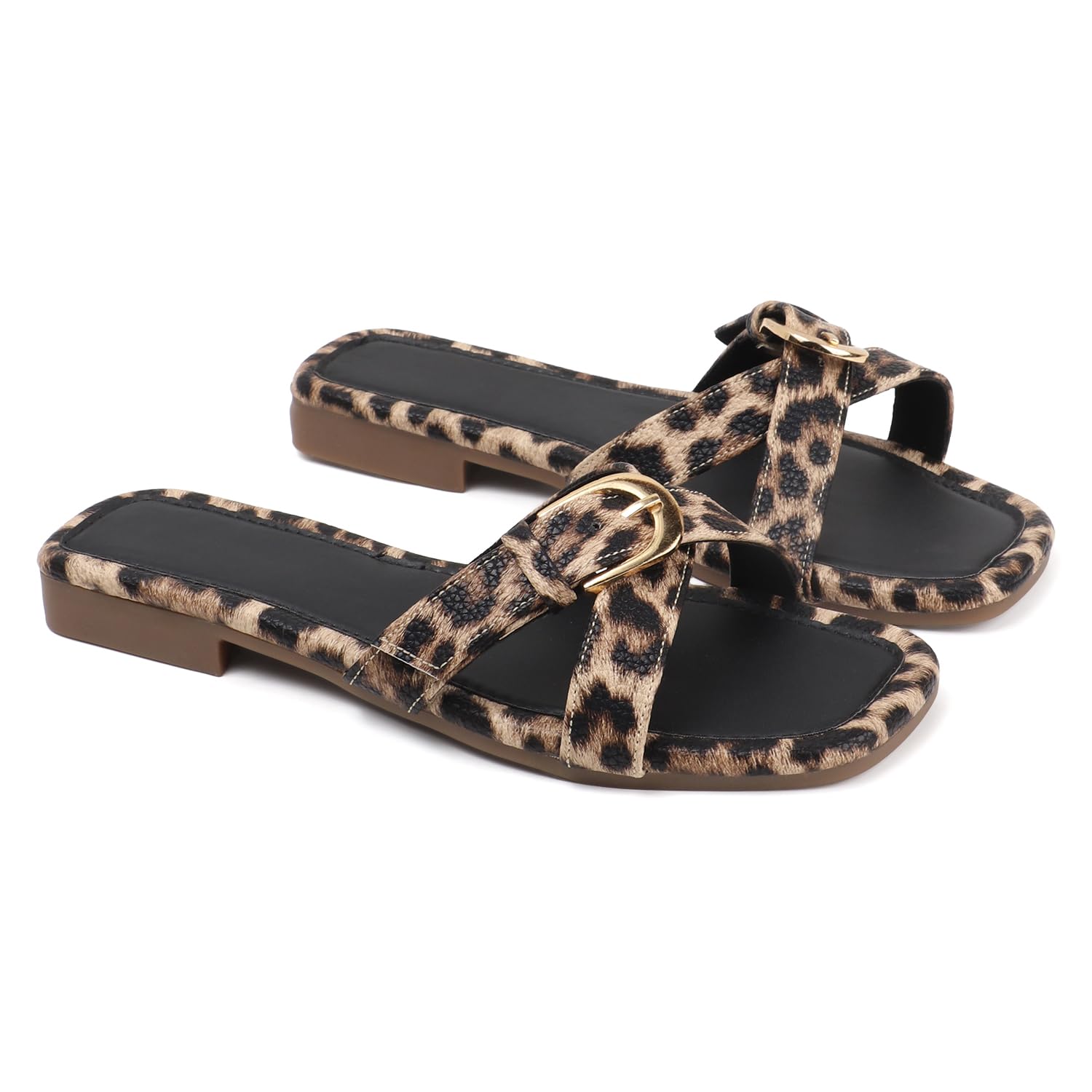Leopard Print Sandals for Women Open Toe Flat Slides Single Strap Gold Buckle Slip On Animal Print Sandals for Summer Beach Casual and Daily Wear-image-27