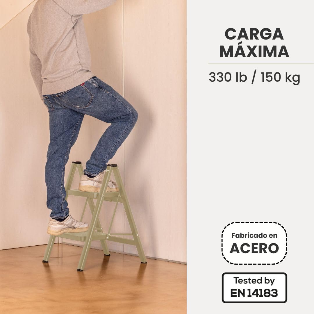 Vigar Escalera Plegable - 2 Peldaños de Acero, Taburete Plegable Portatil Antideslizante con Asa Metal, Taburete Escalera Banquito Step Stool hasta 150 kg, Compacto Ligero para Cocina Hogar - Verde