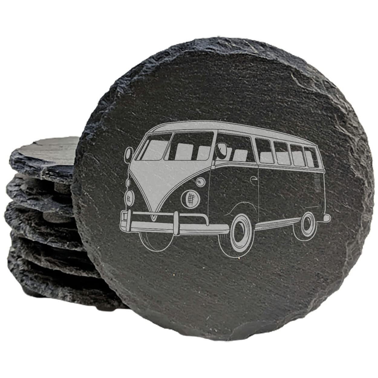 Vintage VW Bus Coasters - Laser-Etched Slate Drink Mats for Retro Vibe Home Decor - Round Slate - set of 8