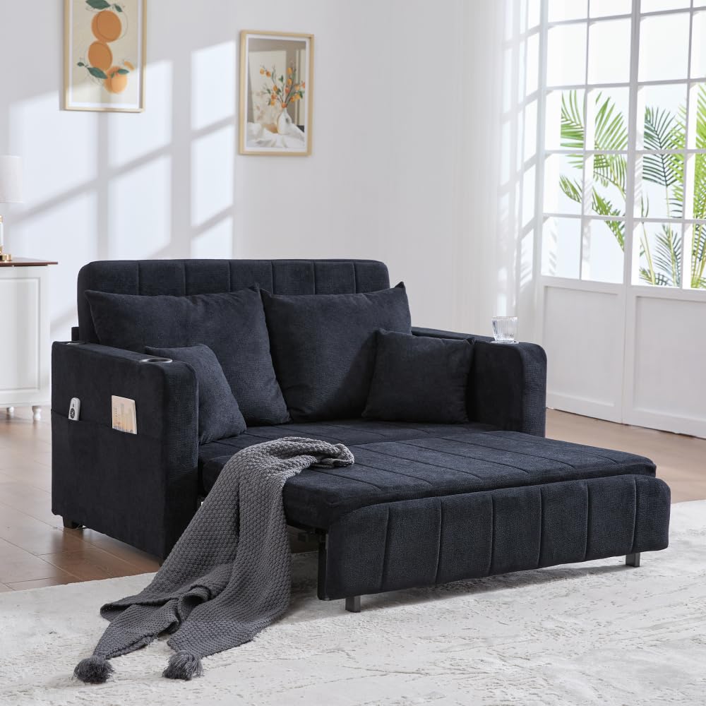Canapé 2 Places Multifonction Pliable Avec Chargeur USB - Transformable En Lit, Tissu Chenille Noir
