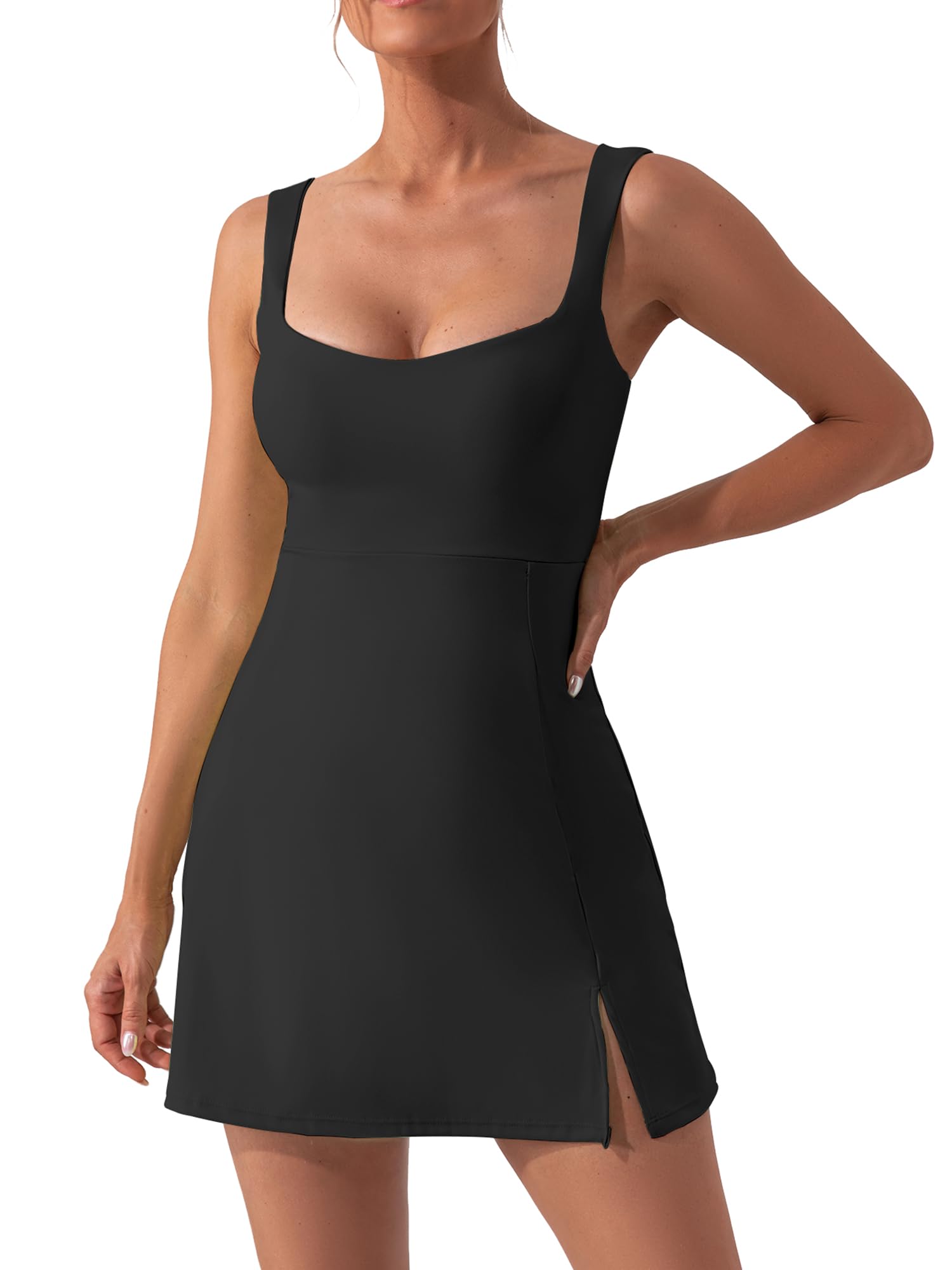 Kaximil Women's Sexy Square Neck Mini Dress Built in Shorts and Bra Slit Club Party Short Dress