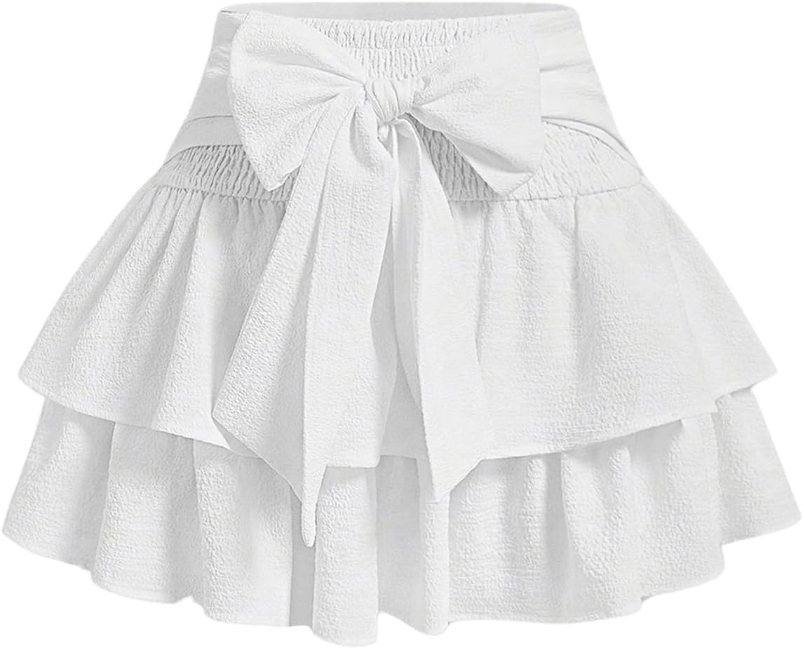 Women's Bow Front Mini Skirt High Shirred Waist Layered Ruffle Hem Short Cake Skirts Small White