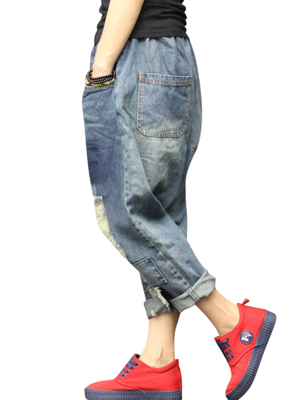 Youlee Donna Elastico Vita Ampia Leg Harem Pantaloni Foro Jeans