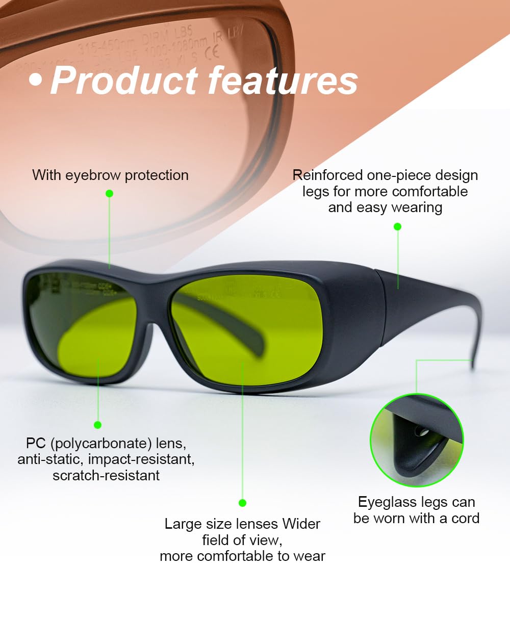 LYXCTECH Gafas de seguridad láser profesionales OD7+ para 1000nm-1090nm, OD5+ para 200nm-450nm, 800-1100nm, 9000-11000nm gafas de protección láser para máquina de limpieza láser, máquina de soldadura