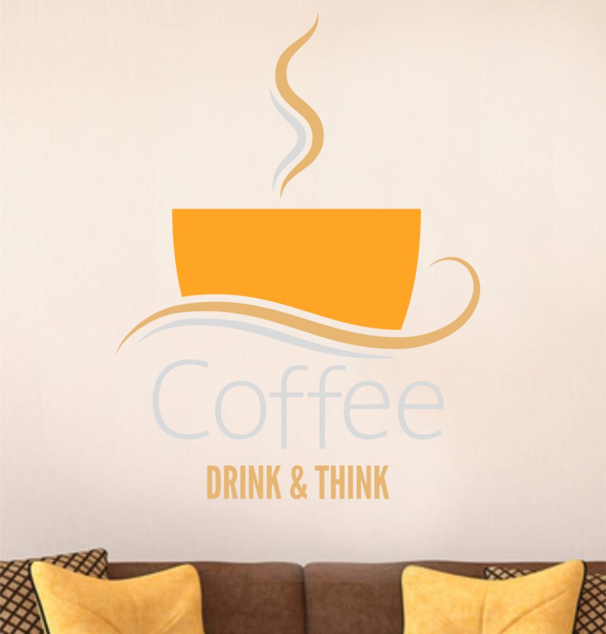 Grand Pixels Vinyl Coffee Drink & Think Wall Sticker for Bedroom (75 Cm X 100 Cm, Orange)
