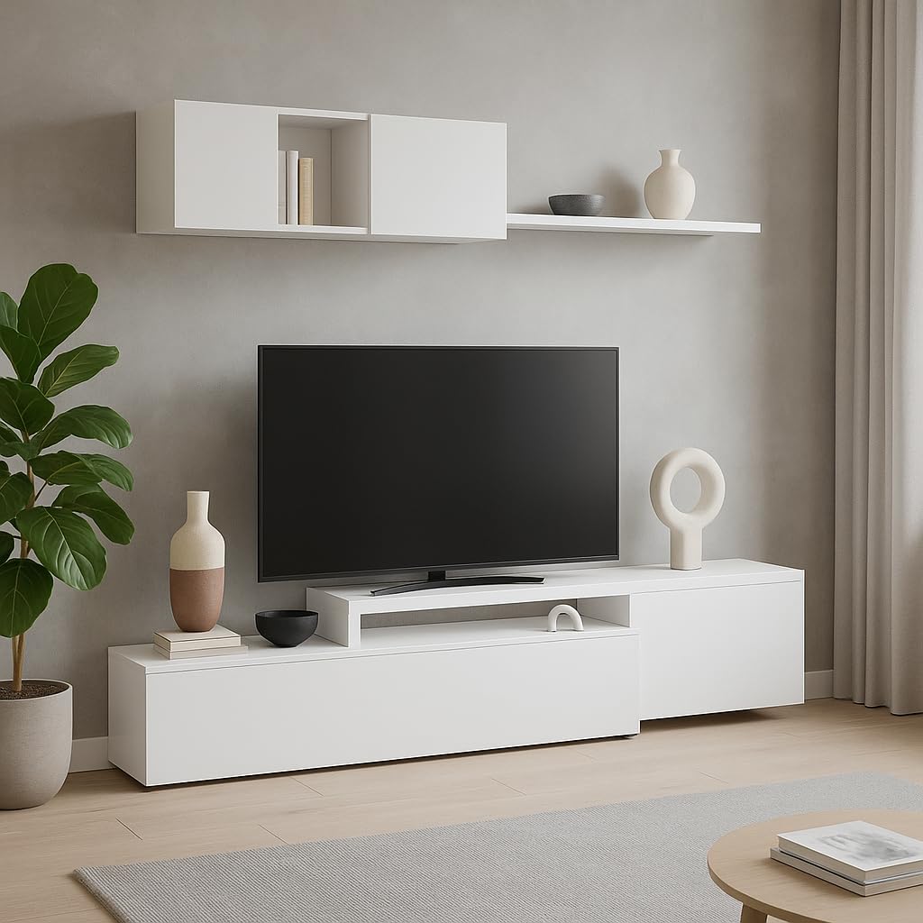 Arreditaly Parete Attrezzata Mobile Soggiorno TV con Mensola Pensile Salotto Legno Base Televisione Sala da Pranzo Design Moderno Modulare Reversibile Adelaide 201 x 41 x 44 Cm (Bianco)
