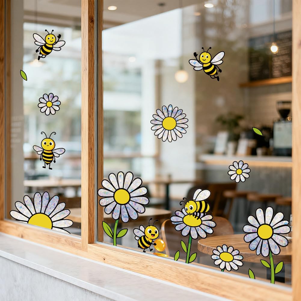 ANATTASOUL Spring Static Window Stickers Large Daisies and Bees Reusable Window Clings for Glass Windows, 47.24" x 11.8" Removable Double Sided Window Decals for Room Office Home Kitchen Decoration