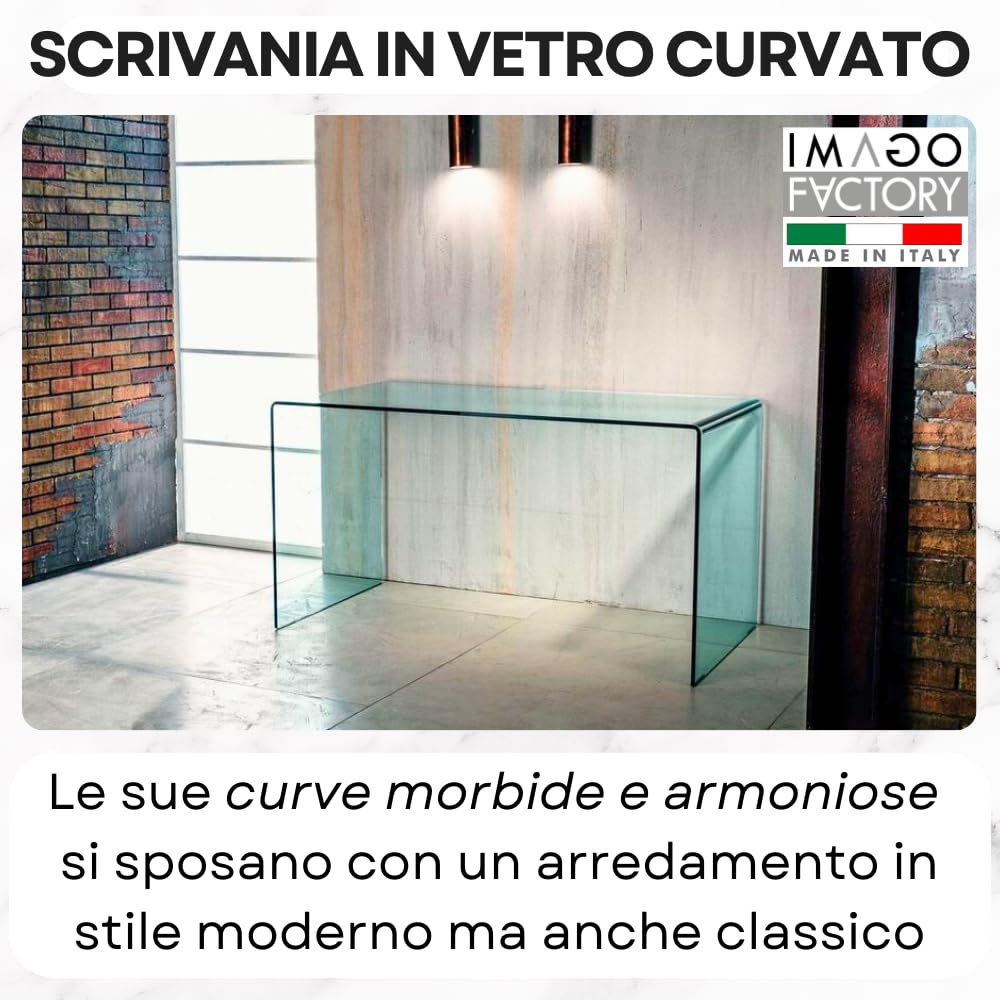 IMAGO FACTORY Scriba - Scrivania Studio, Ufficio in Vetro, Scrivania Moderna Design (125x70cm) Ideale per Casa e Ufficio Elegante, Realizzata in Ponte in Vetro Curvato Trasparente, 100% Made in Italy