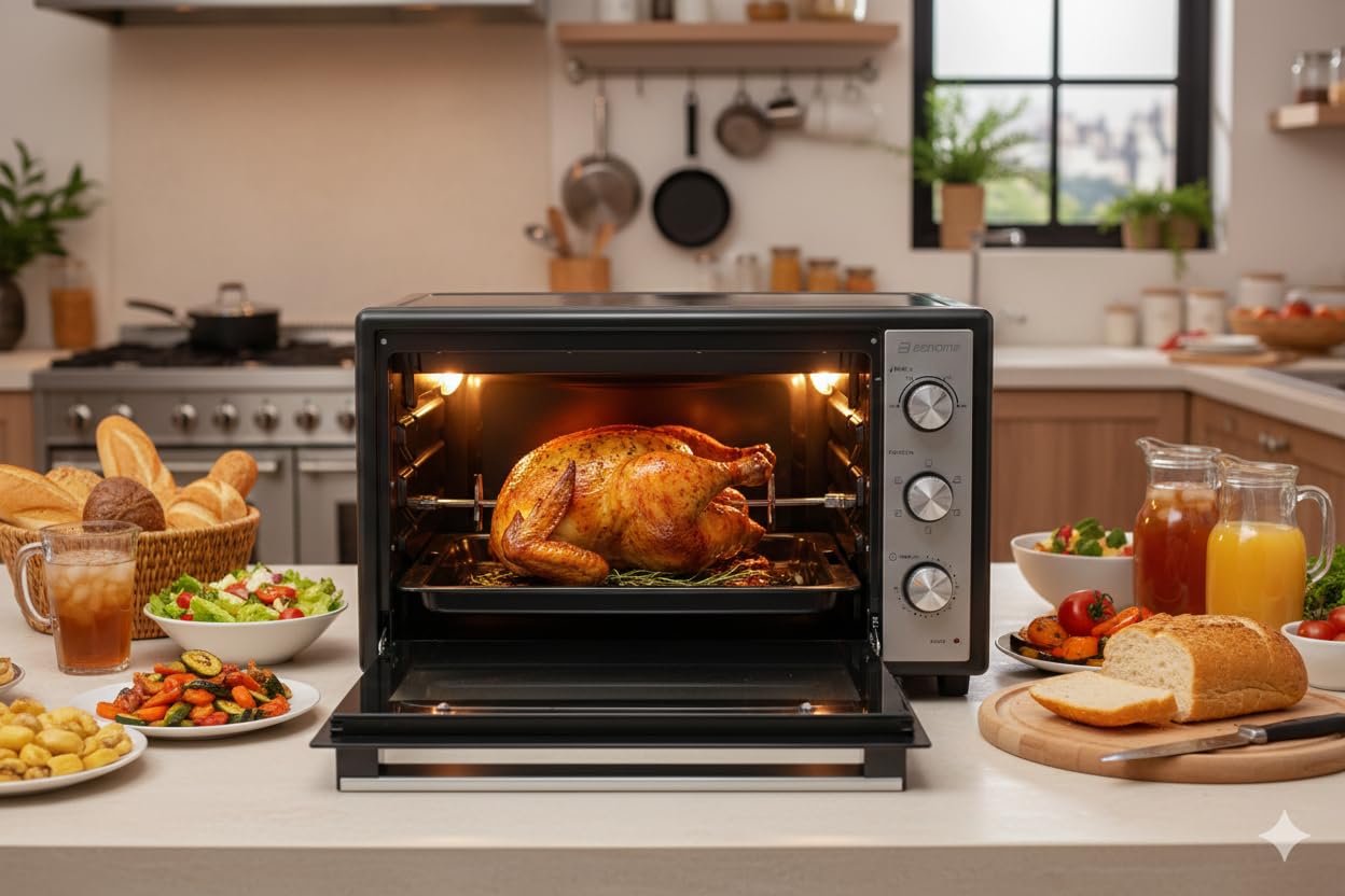 BEHOME Forno Elettrico Ventilato Esterno 70 litri, Forno grande da esterno con Girarrosto, Temperatura 230°, Timer 60', Griglia, Teglia, Leccarda e accessori per girarrosto inclusi, con doppio vetro