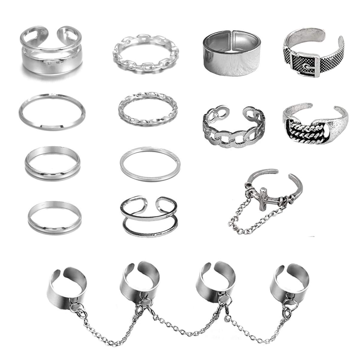 Nilete Chain Open Finger Rings Set Belt Cross Punk Retro Adjustable Stackable Rings Set for Women Girls 14PCS
