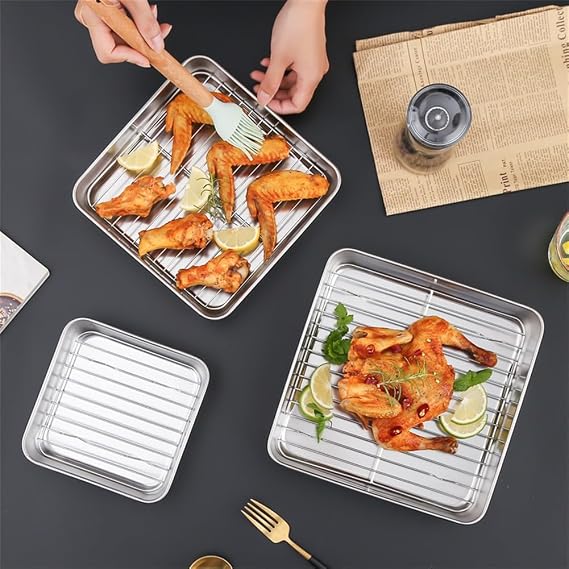 Stainless Steel Deep Baking Tray, Baking Tray Square with Rack, Bakings and Roasting, with Cooling Rack, Dishwasher Safe (15CM)