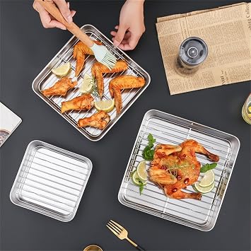Stainless Steel Deep Baking Tray, Baking Tray Square with Rack, Bakings and Roasting, with Cooling Rack, Dishwasher Safe (15CM)