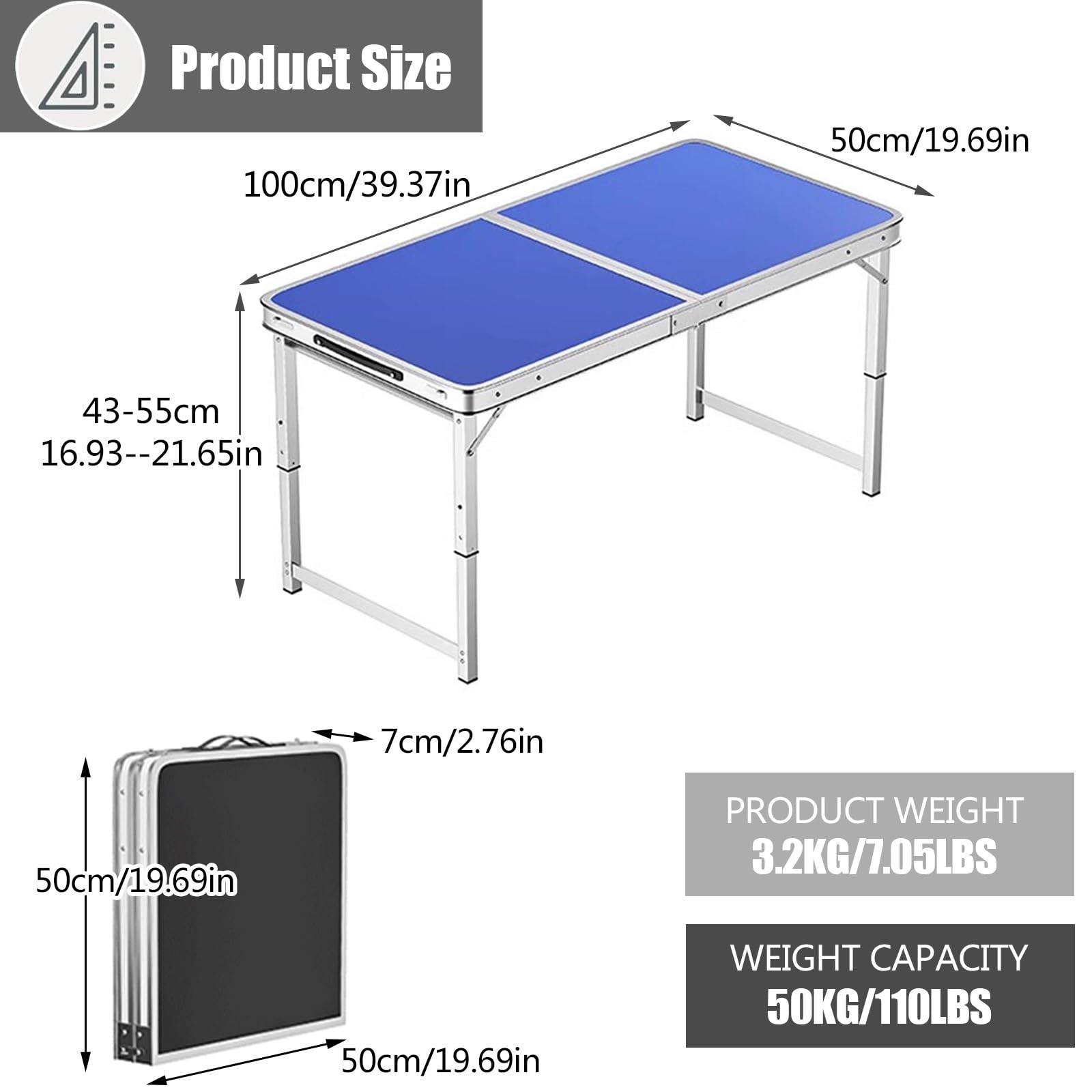 Aluminiowy składany stół o regulowanej wysokości, przenośny stół kempingowy z uchwytem, idealny na imprezę biurową, piknik, ślub (100 x 50 cm, niebieski)