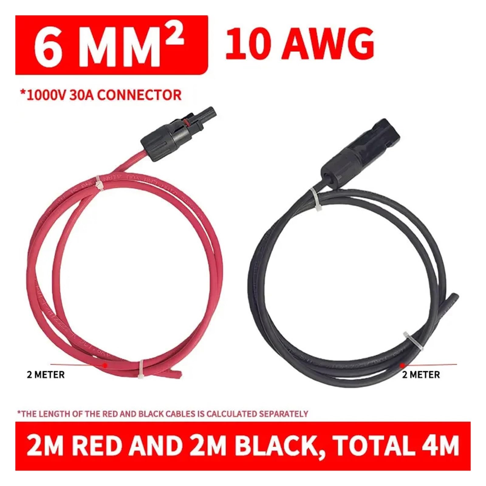 Connettori maschio e femmina con cavi Cavo di prolunga PV1-F da 6 mm² 10 AWG for pannello solare, connettore CC impermeabile, coppia maschio e femmina for sistema fotovoltaico(Single-10AWG 2m)