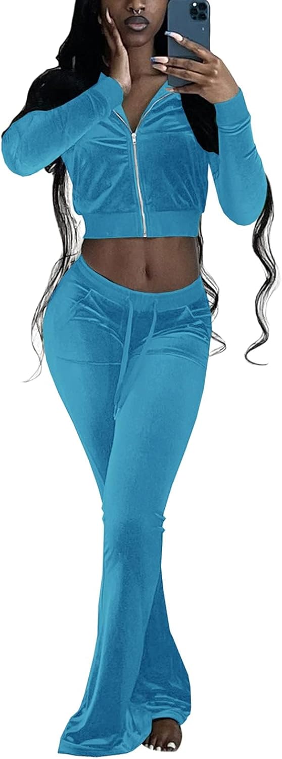Chatinction Women's 2 Piece Outfit Velour Zip Up Crop Jacket and Bell Bottoms Long Pants with Pockets Tracksuit Set