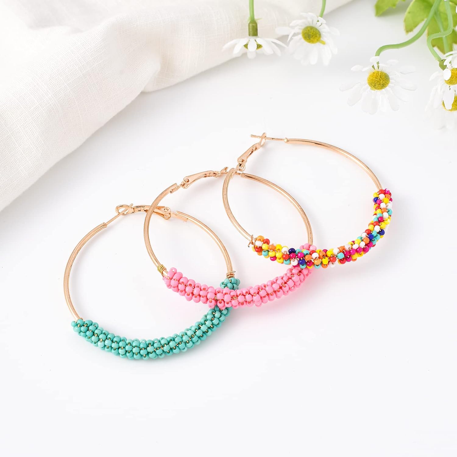 Jinxiuge 6 Pair Beaded Hoop Earrings Boho Flower Round Earrings Women's Handmade Earrings Set - Image 9