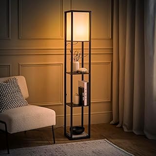 Wooden floor lamp with shelves