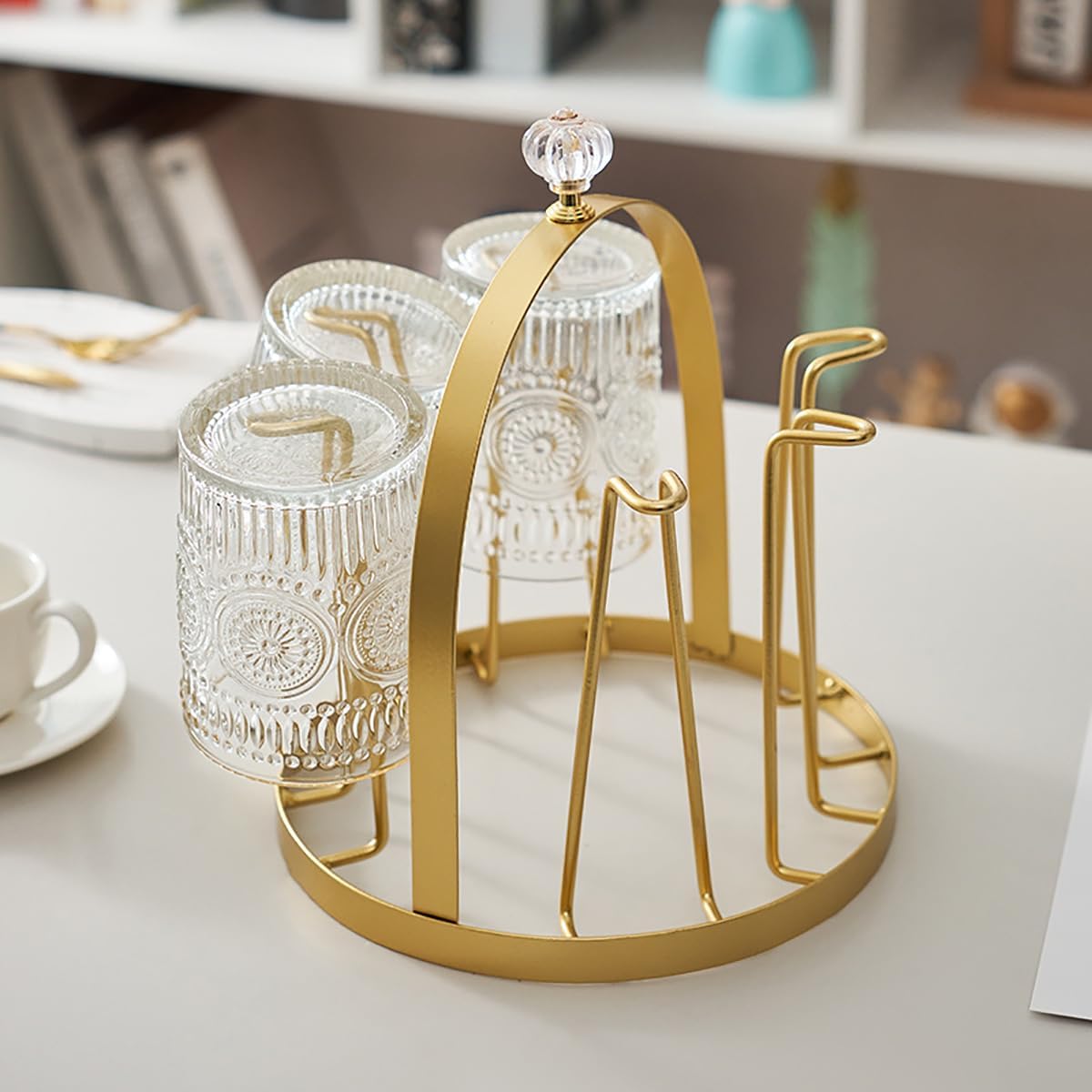 Cup Drying Rack Coffee Mug Drinking Glass Organizer Stand with Handle, 6 Cups Drainer Holder for Home Kitchen Bar, Gold