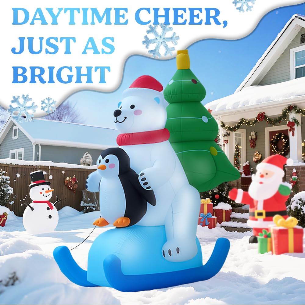GARIG Ours blanc gonflable de Noël de 2,1 m avec pingouin - Décorations de jardin gonflables avec LED intégrées pour fête en plein air, cour, jardin