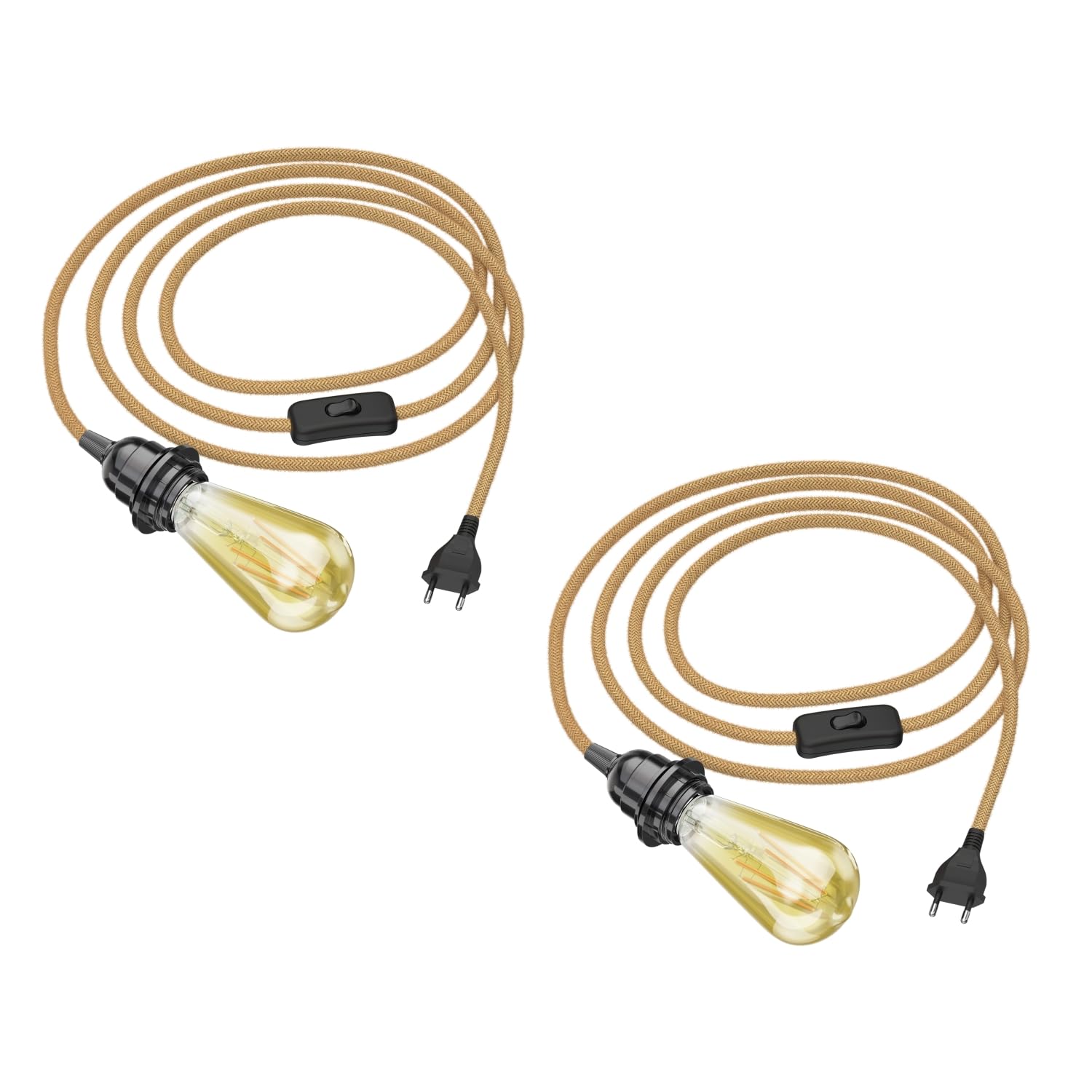 ledscom.de 2 szt. kabli konopnych LEKA, 4,50 m z wtyczką, przełącznikiem i oprawką E27, w zestawie żarówka LED w stylu vintage w kolorze złotym, maks. 814 lm, 3-stopniowa regulacja jasności,