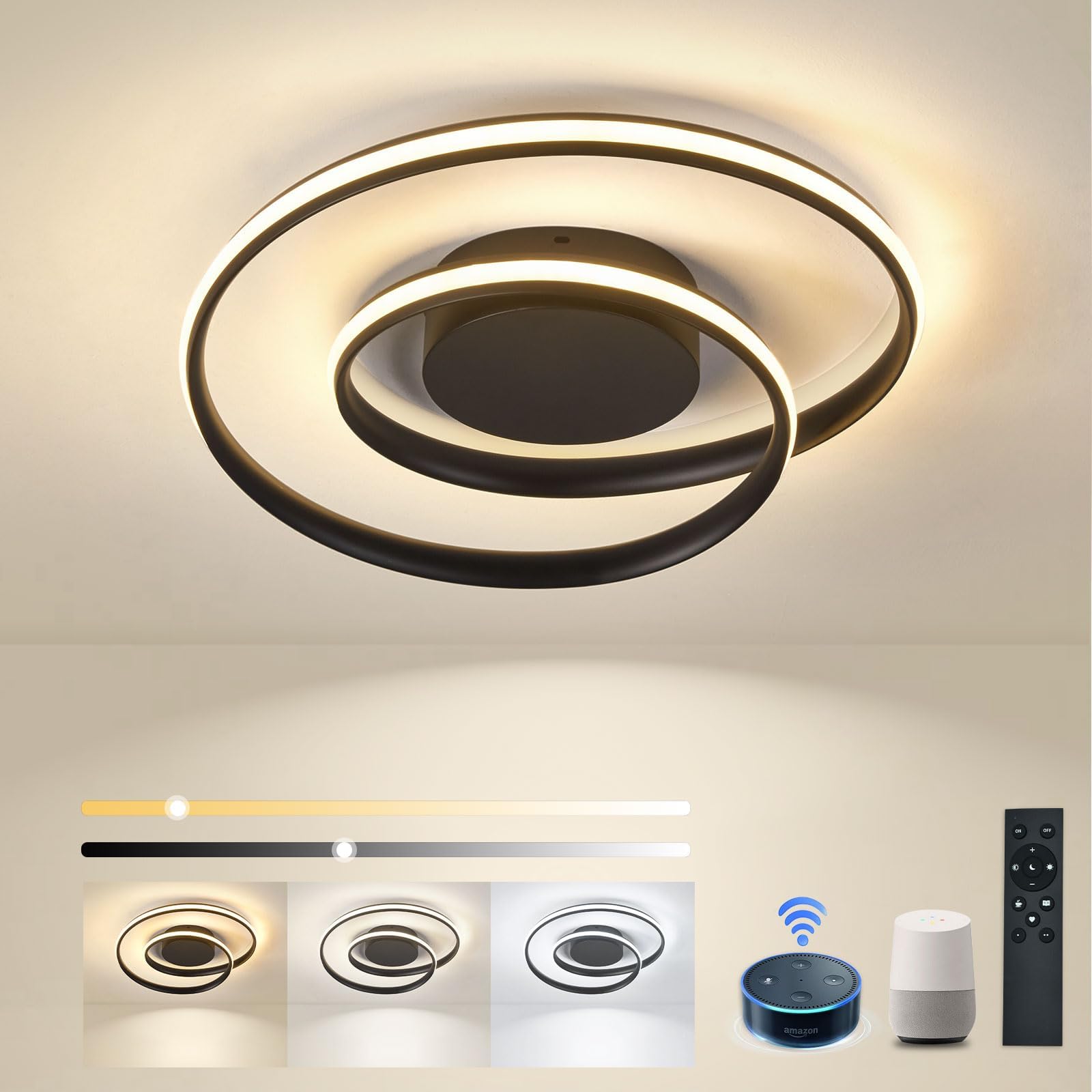 Sky angle Plafoniera LED Intelligente - Dimmerabile Tramite Telecomando e App, 28W Colore Regolabili 2500 LM 48 CM, per Camera da Letto Soggiorno (Nero, Controllo vocale intelligente)