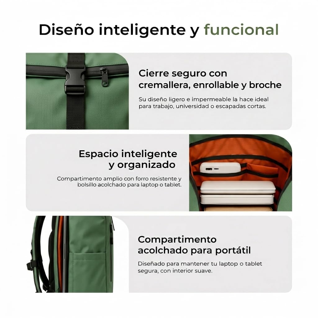 Rolltop-Rucksack, wasserdicht, erweiterbar, 20-25 l, mit Schnellzugriff, tragbar, lässig, für Herren und Damen, leicht, Organizer, Torleygriff, gepolsterte Schultergurte, Reisen, Arbeit, Universität