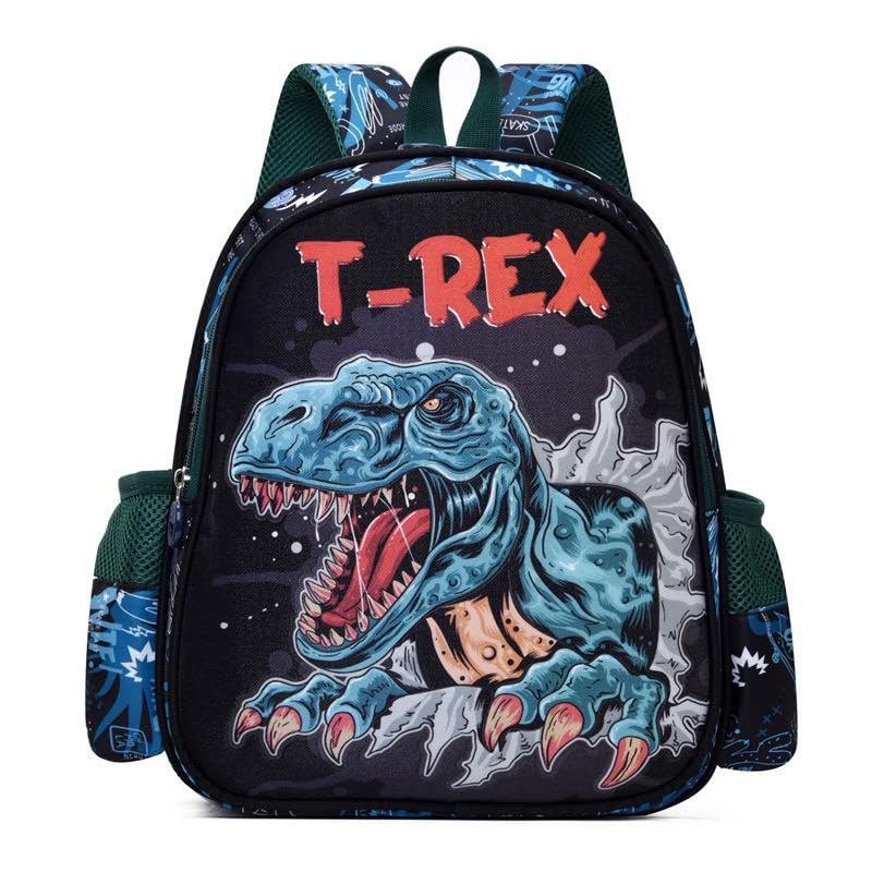 all tags | Kids Dinosaur Backpack, T-Rex Design, School Bag with Mesh Pockets, Green and Blue-picture-13