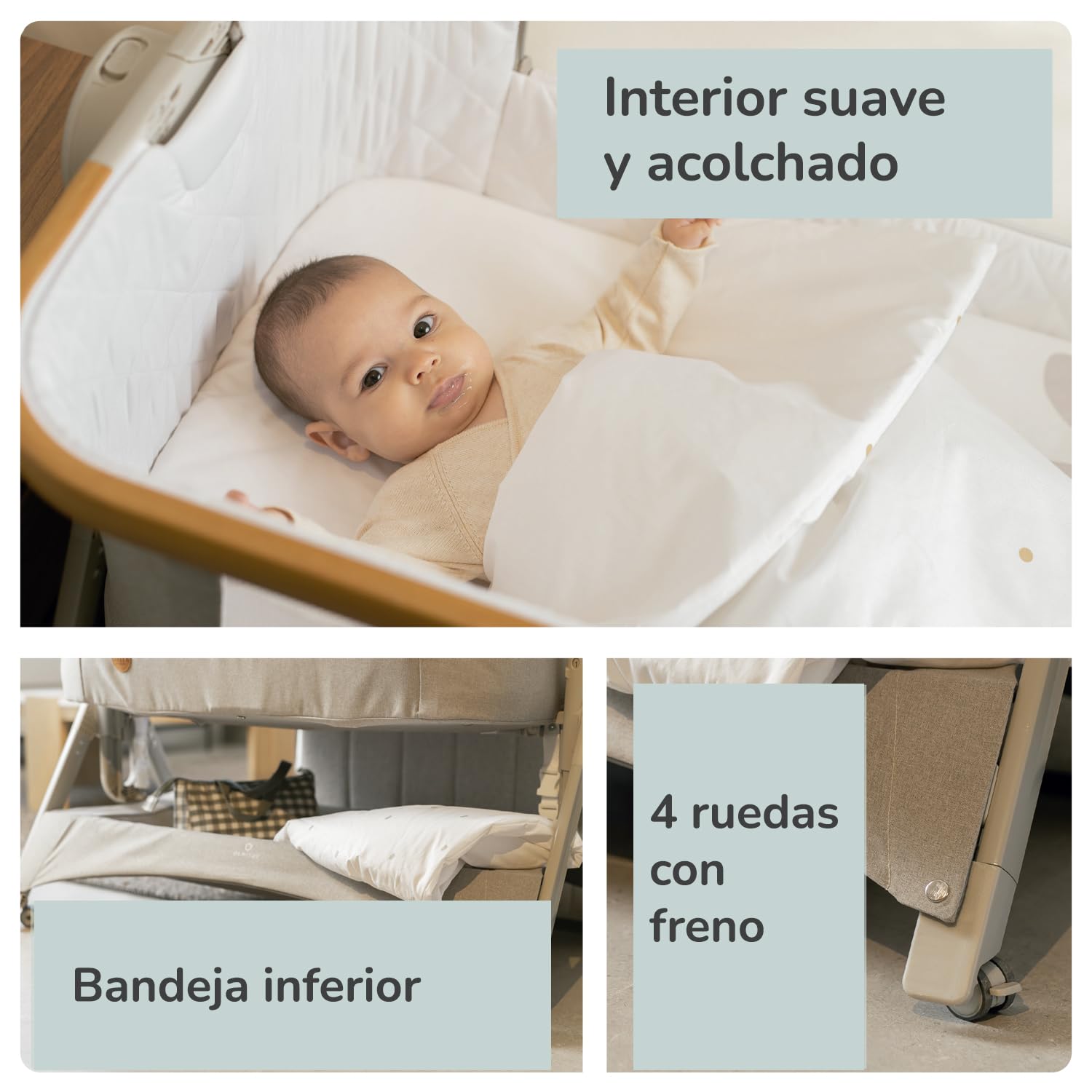 Olmitos - Minicuna de Colecho Stella – Cuna Bebé 2 en 1 Desde el Nacimiento, Altura Ajustable, Lateral Abatible, Incluye Edredón y Bajera - con mosquitera (Gris)
