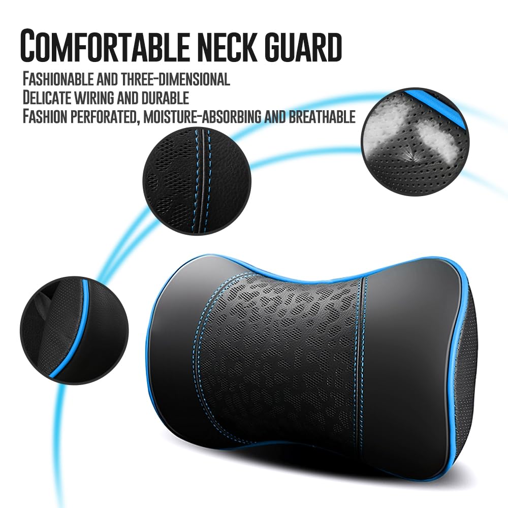 HAOTULE Cuscini per collo in pelle per auto, cuscini per il collo, supporto cervicale in 100% memory foam, comodi sedili auto da viaggio e cuscini morbidi per casa e ufficio, blu un set (2 pezzi)