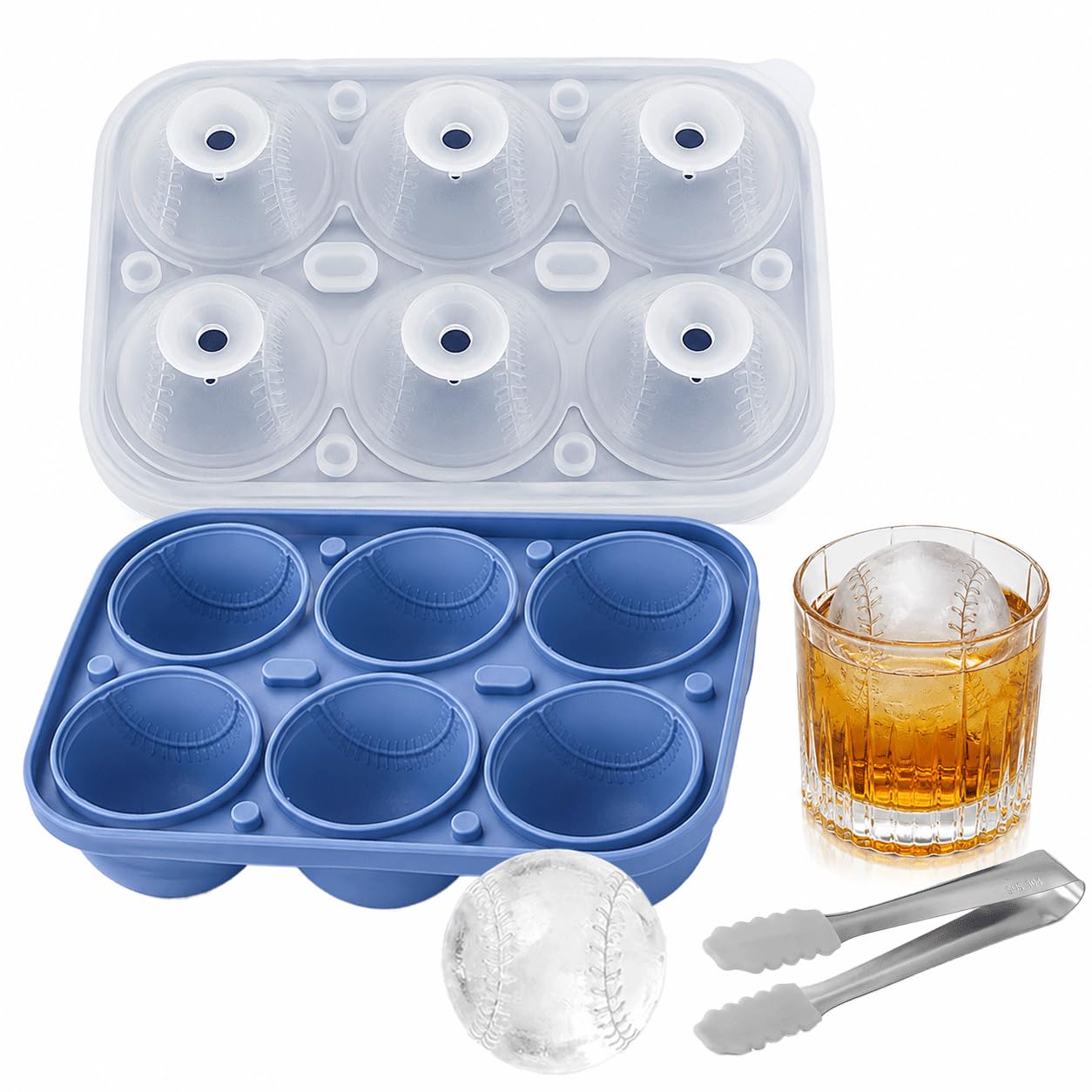 3D Baseball Ice Cube Molds, 6 Cavity Silicone Ice Cube Trays with Funnel, 2.2 Inch Large Round ICES Ball Maker for Whiskey Cocktails Bourbon Brandy Beverages (6-Blue)