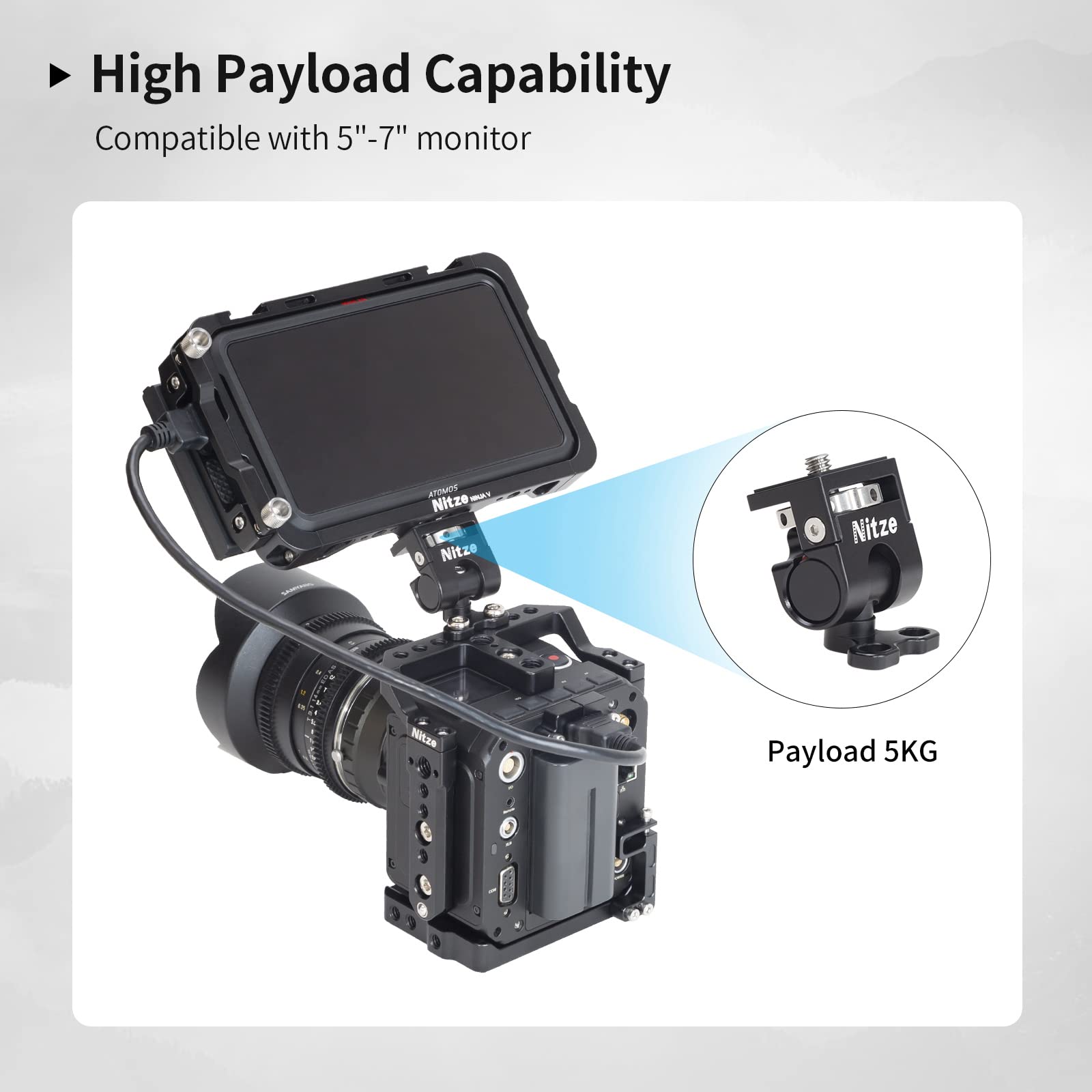 Nitze Camera Monitor Mount with 1/4" Screws, Supports 360° Swivel and 180° Tilt for 5” and 7” Monitor, Payload up to 5 KG- N54-F3 - Image 4