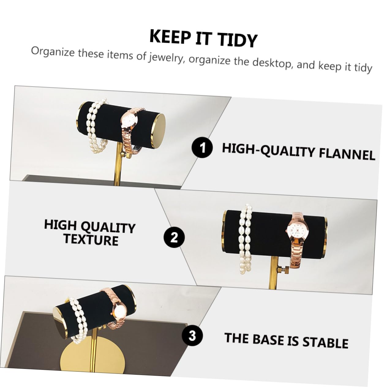 FRCOLOR Espositore per Orologio in Acciaio Inox e Flanella Nera, Supporto Elegante e Pratico per Vetrina e Tavolo da Toeletta