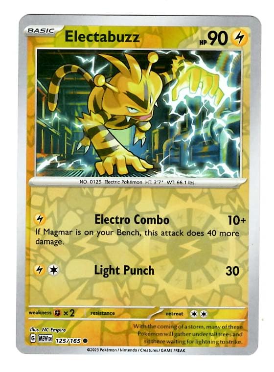 Pokemon - Electabuzz 125/165 - Pokemon 151 - Reverse Foil - Single Card : Amazon.co.uk: Toys & Games Pokemon - Electabuzz 125/165 - Pokemon 151 - Reverse Foil - Single Card : Amazon.co.uk: Toys & Games