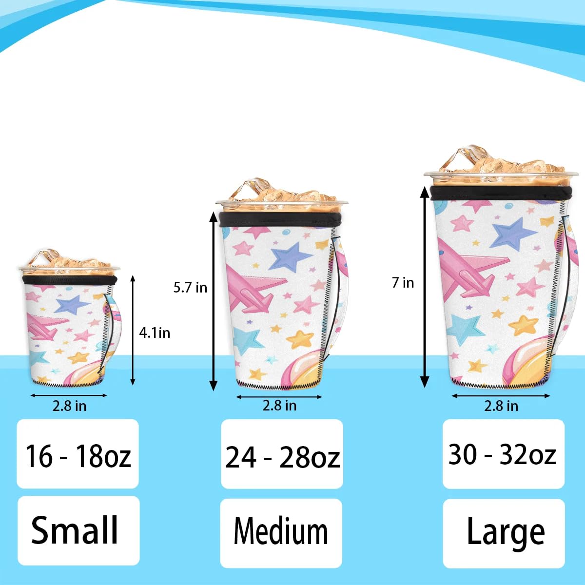 Colorful Soccer Plane Clouds M Reusable Iced Insulator Coffee Sleeves Neoprene Insulated Sleeves With Handle Coffee Sleeves for Iced Coffee Cups Drinks