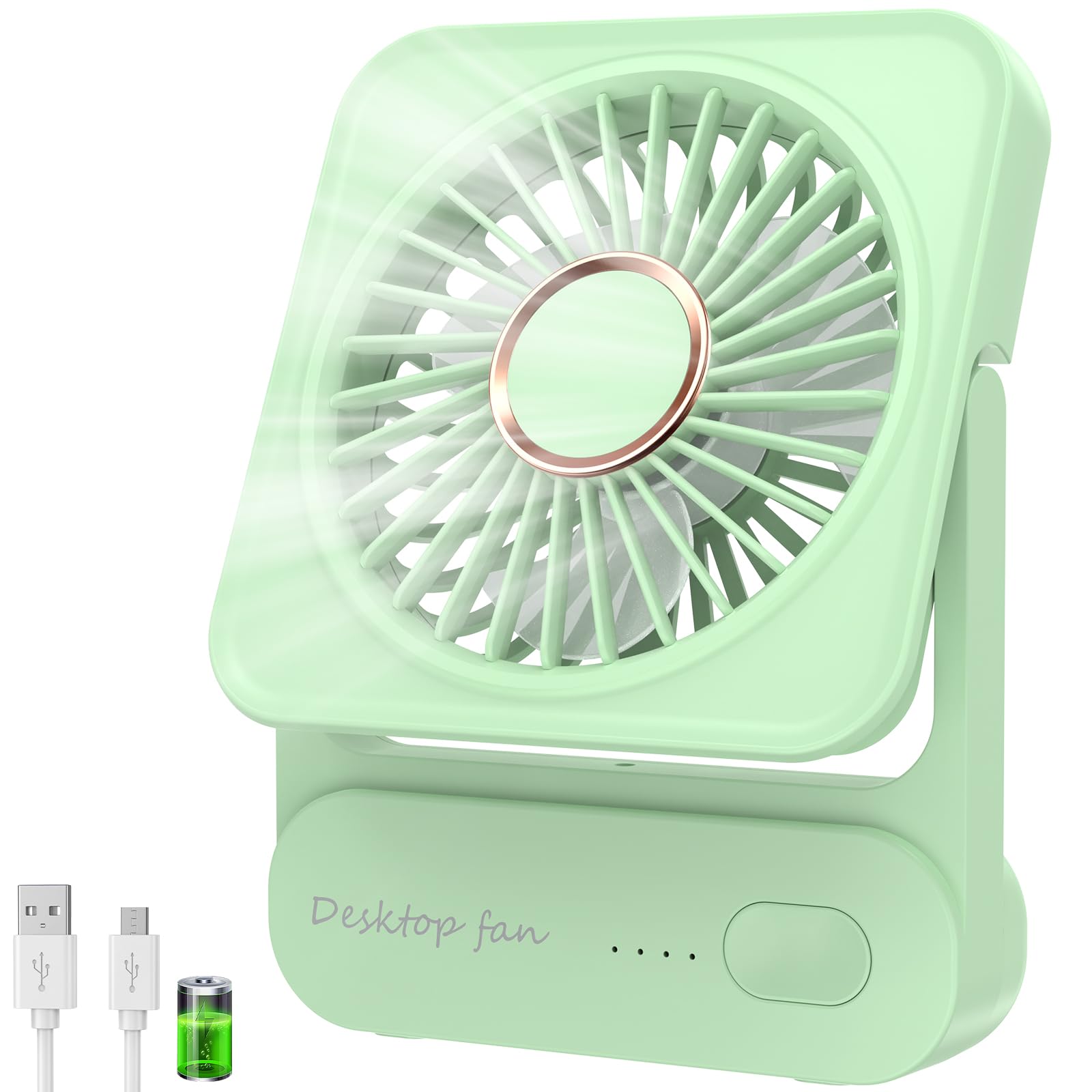 HFAN Ventilatore Da Scrivania Portatile Ricaricabile USB, 2000 MAh, 5 Velocità, Rotazione 360°, Silenzioso, Per Ufficio E Campeggio
