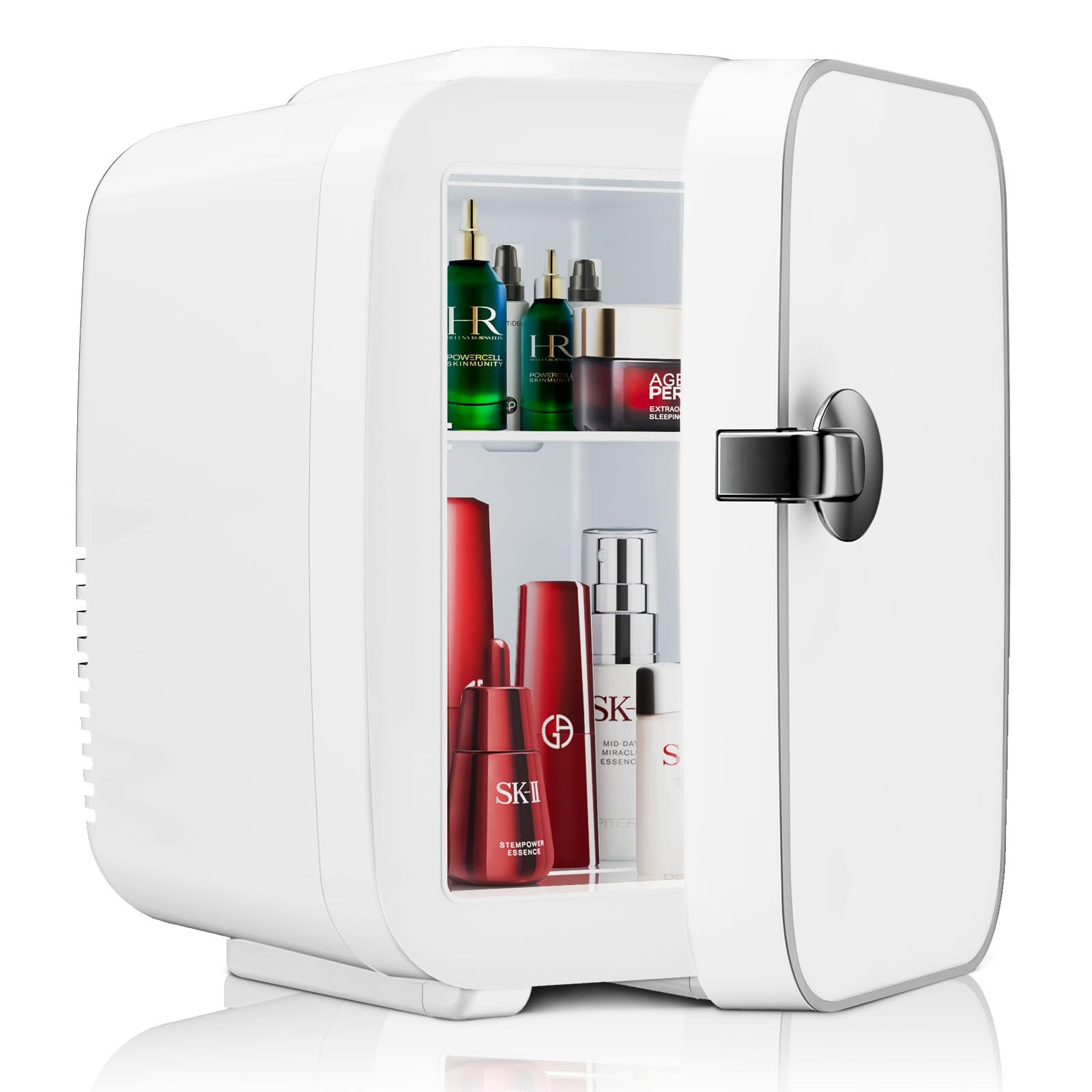 DUMOS 4L Mini Fridge 6-Can Thermoelectric Cooler & Warmer Compact 110V AC/12V DC Refrigerator for Skincare Drinks, and Food – Retro Style for Car, Office, Dorm, Bedroom, White