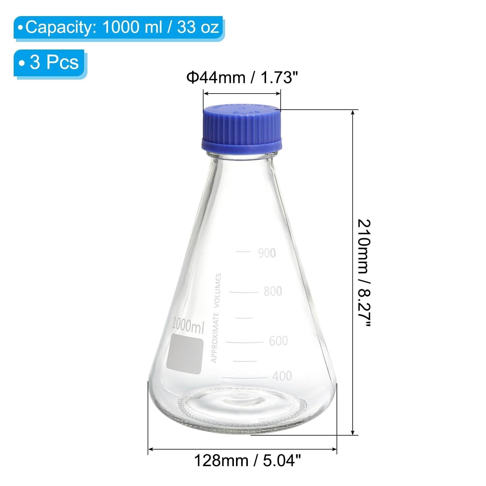 Matraz Erlenmeyer, 1000ml - Vidrio Borosilicato, Graduado, Boca Estrecha con Tapón Roscado para Laboratorio(CC,1000ml/33.8oz)