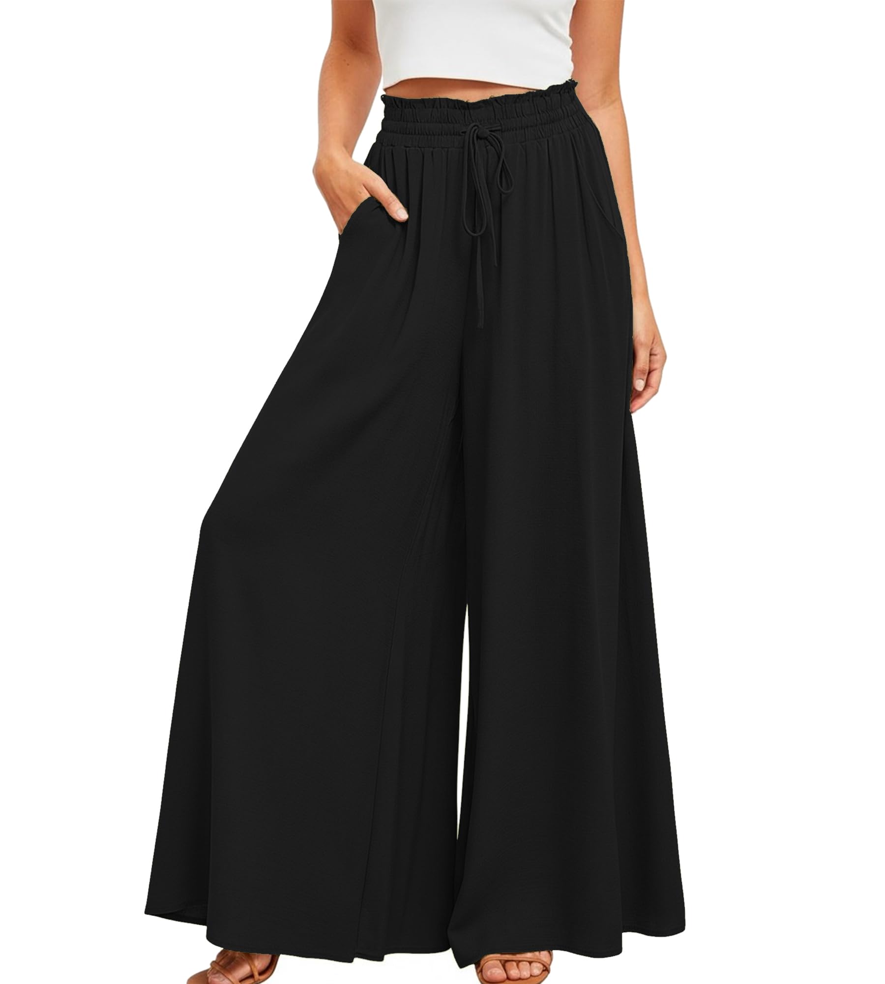 Pantalones Mujer Verano Cintura Alta Pantalones Ancho Casuales Cómodos Pantalón Fluido Ligero Playa Pantalones Palazzo Elegante con Bolsillos
