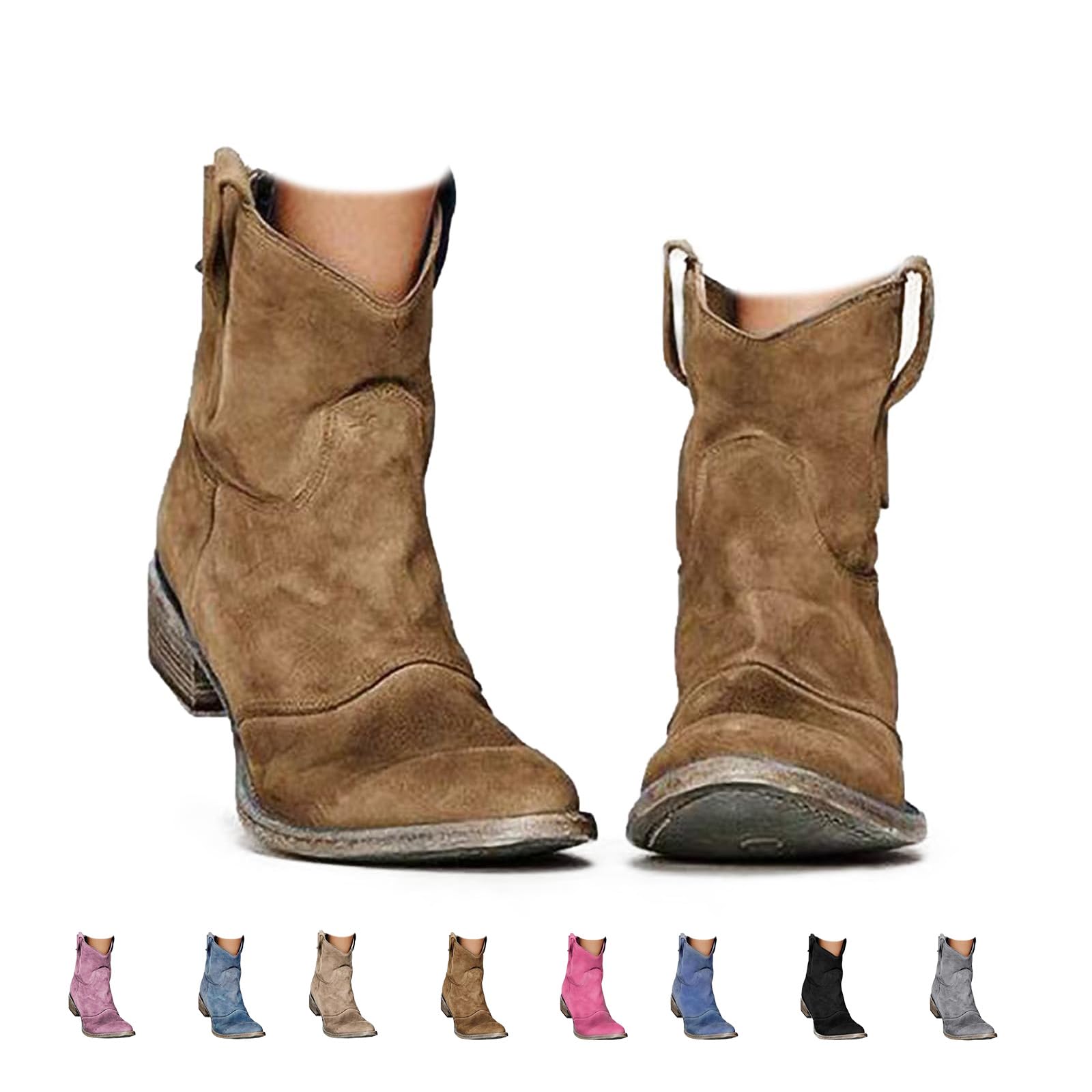 Western Cowboy Boots for Women Slouchy Low Heel Suede Chunky Heel Ankle Round Toe Short Boots louchy Fashion