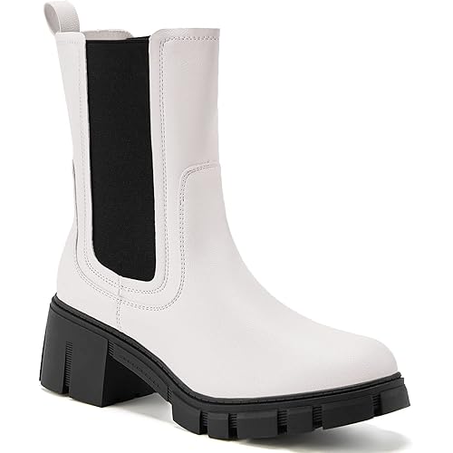 TINSTREE Women's Lug Sole Platform Boots Mid Calf Elastic Chunky Block Heel Leather Chelsea Booties