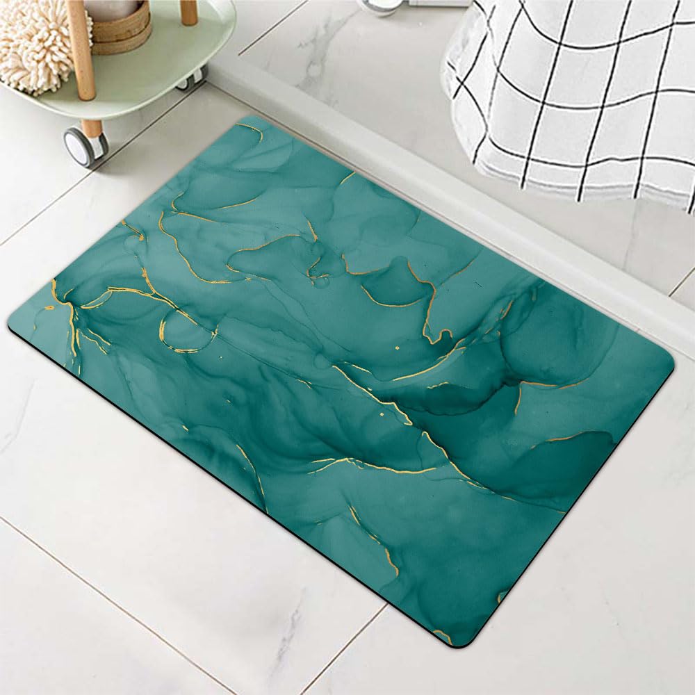 Bath Mat Rug-Dark Green Marble Pattern Rubber Non Slip Quick Dry Super Absorbent Thin Bathroom Rugs Fit Under Door Washable Bathroom Floor Mats-Shower Rug for in Front of Bathtub,Shower Room,Sink